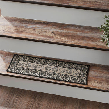 Custom House Black Tan Jacquard Polyester Stair Tread Rect Latex 8.5x27 - The Fox Decor